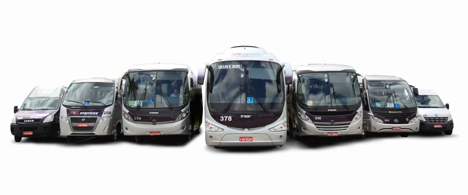 Frota NNExpress: vans, micro-ônibus e ônibus executivo Irizar 378 lado a lado